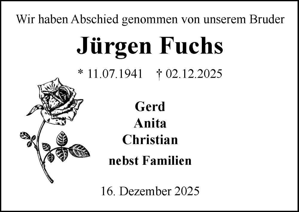  Traueranzeige für Jürgen Fuchs vom 20.12.2025 aus MARKT Ratzeburg/Mölln