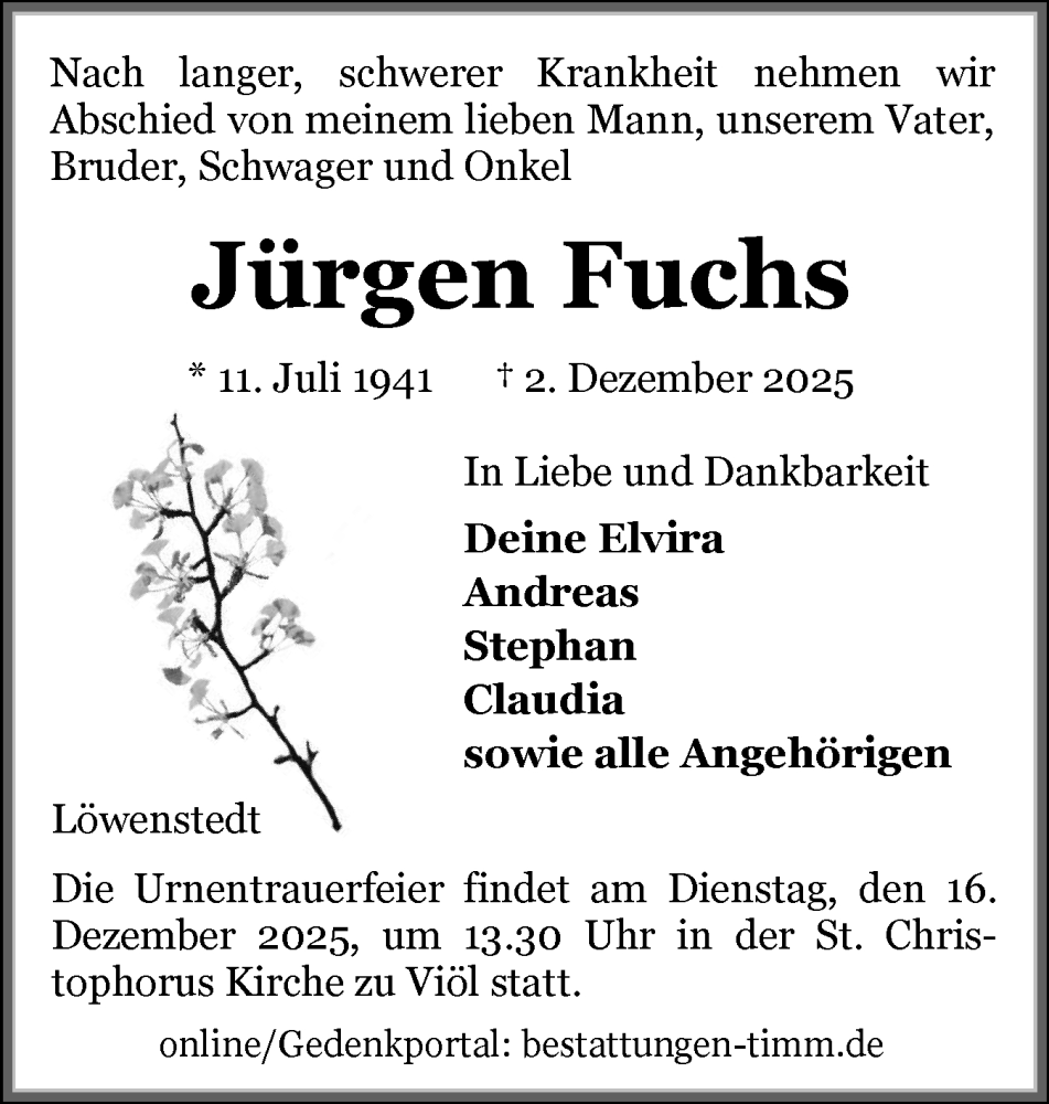  Traueranzeige für Jürgen Fuchs vom 10.12.2025 aus Husumer Nachrichten, Nordfriesland Tageblatt