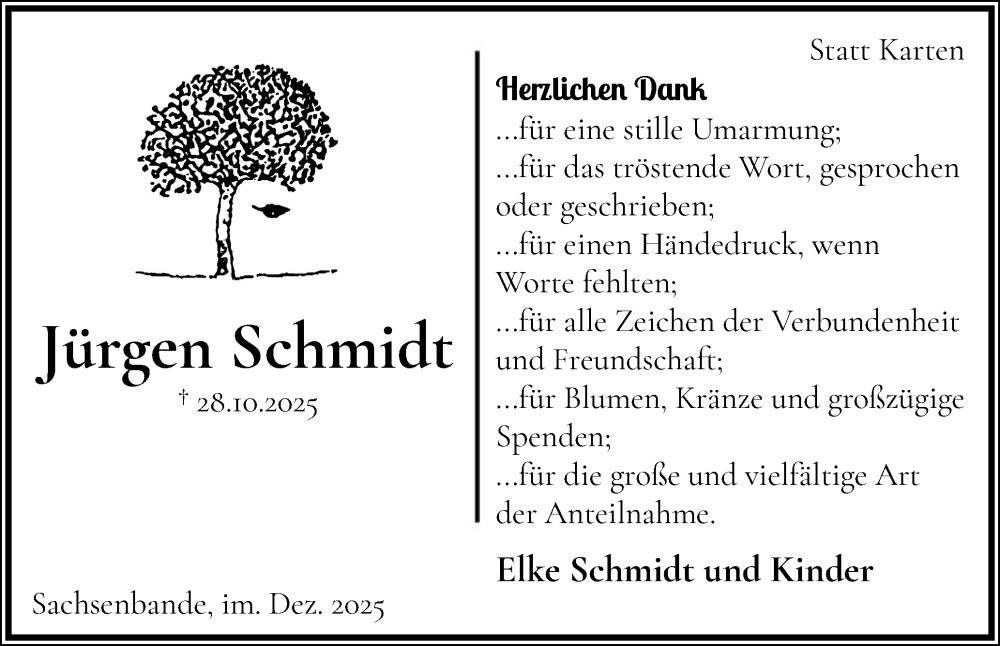  Traueranzeige für Jürgen Schmidt vom 06.12.2025 aus Norddeutsche Rundschau, Wilstersche Zeitung, Glückstädter Fortuna