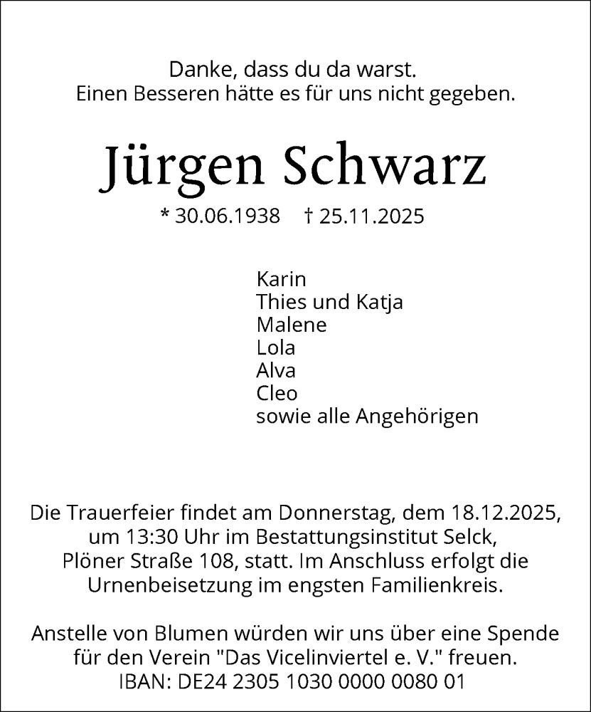  Traueranzeige für Jürgen Schwarz vom 06.12.2025 aus Holsteinischer Courier
