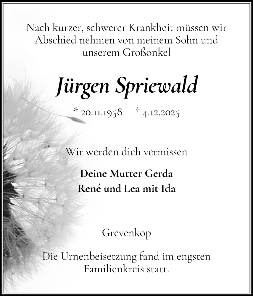  Traueranzeige für Jürgen Spriewald vom 20.12.2025 aus Norddeutsche Rundschau, Wilstersche Zeitung, Glückstädter Fortuna