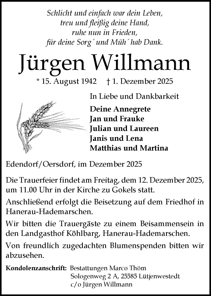  Traueranzeige für Jürgen Willmann vom 06.12.2025 aus Norddeutsche Rundschau, Wilstersche Zeitung, Glückstädter Fortuna