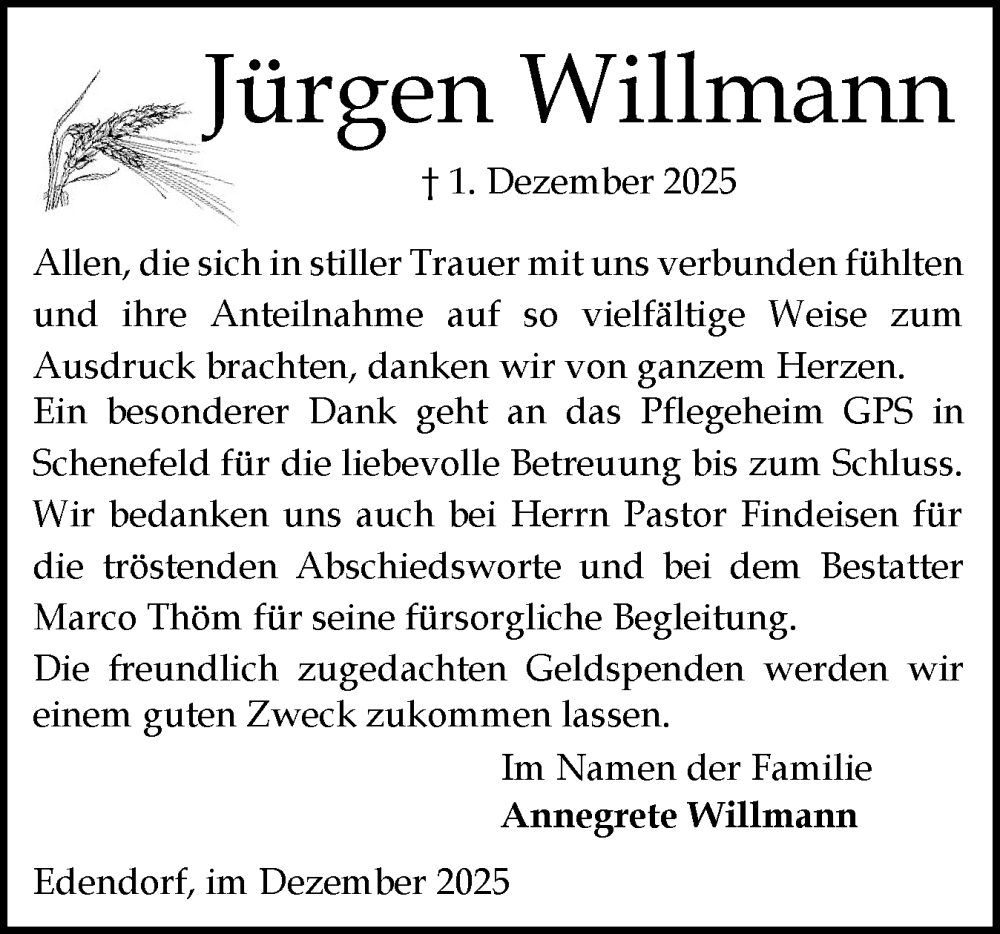  Traueranzeige für Jürgen Willmann vom 27.12.2025 aus Norddeutsche Rundschau, Wilstersche Zeitung, Glückstädter Fortuna
