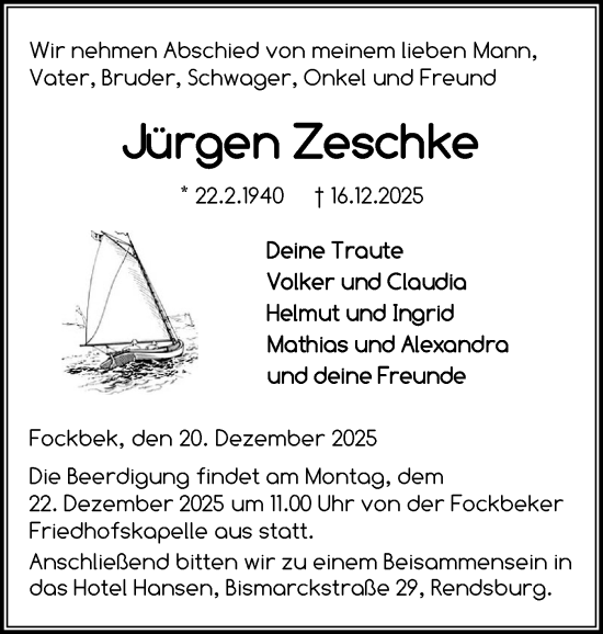 Traueranzeige von Jürgen Zeschke von Schleswig-Holsteinische Landeszeitung