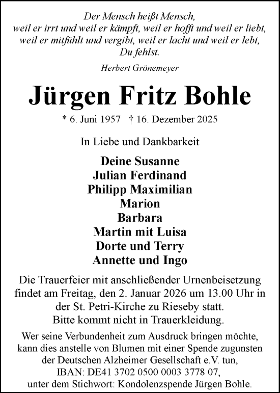 Traueranzeige von Jürgen Fritz Bohle von Eckernförder Zeitung, Hallo Eckernförde