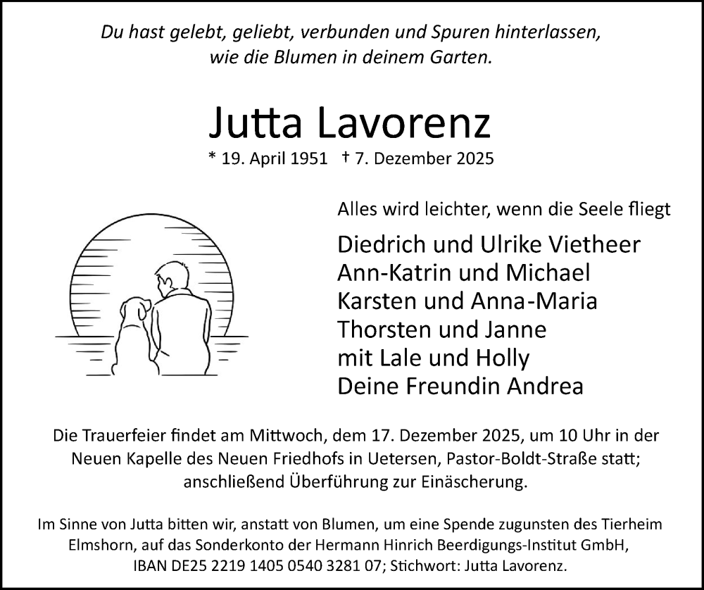  Traueranzeige für Jutta Lavorenz vom 13.12.2025 aus Uetersener Nachrichten, Der tip am Wochenende