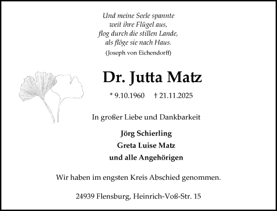 Traueranzeige von Jutta Matz von Flensburger Tageblatt