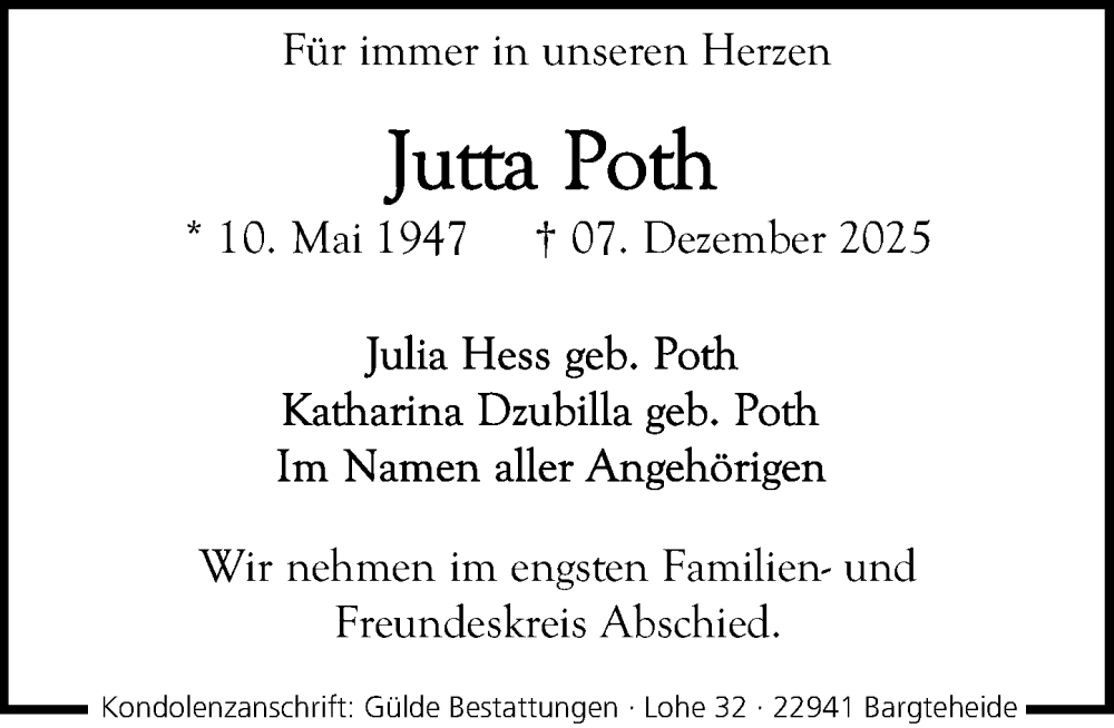  Traueranzeige für Jutta Poth vom 13.12.2025 aus MARKT Ahrensburg/Bargteheide/Trittau und Stormarner Tageblatt