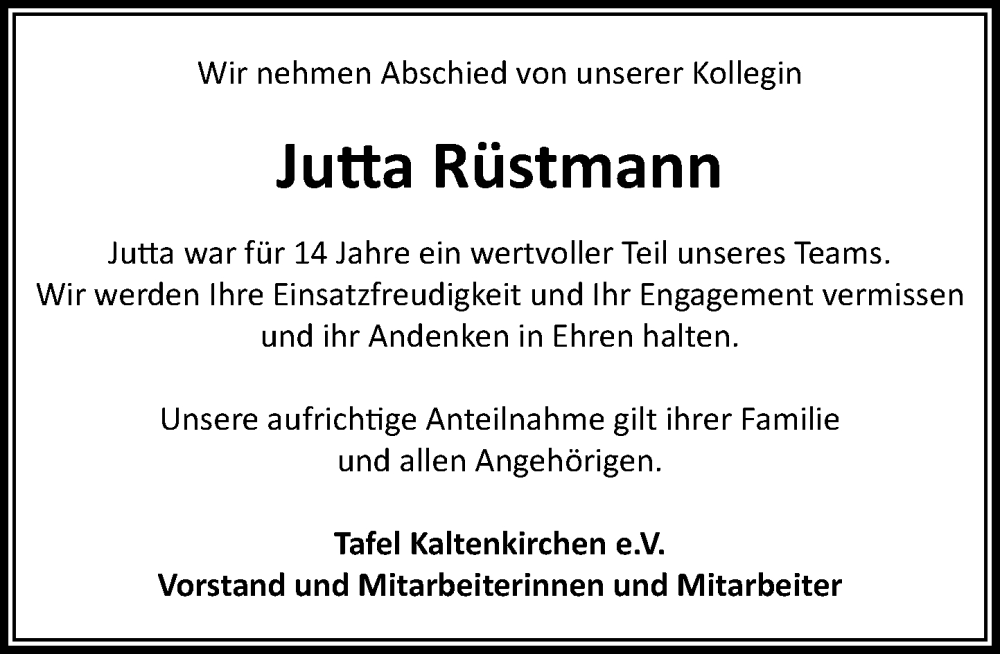  Traueranzeige für Jutta Rüstmann vom 13.12.2025 aus Umschau