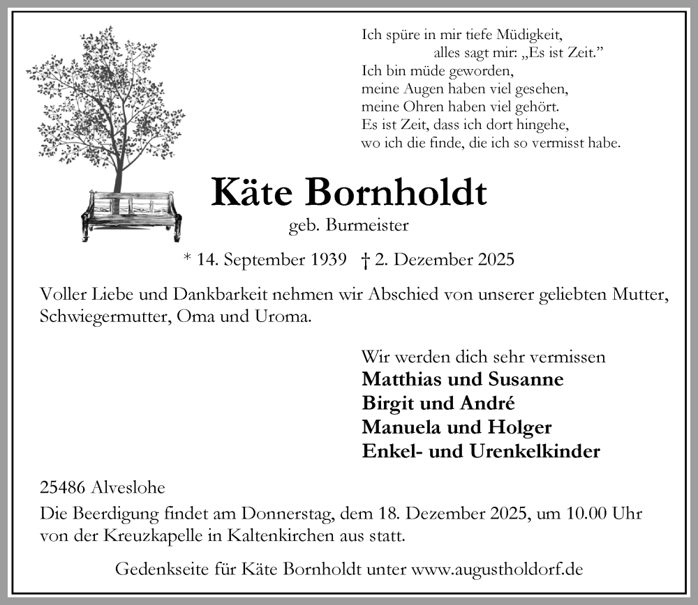  Traueranzeige für Käte Bornholdt vom 13.12.2025 aus Umschau