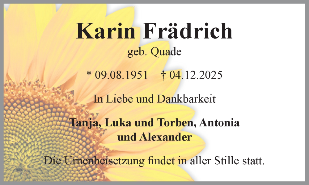  Traueranzeige für Karin Frädrich vom 13.12.2025 aus Wochenend Anzeiger