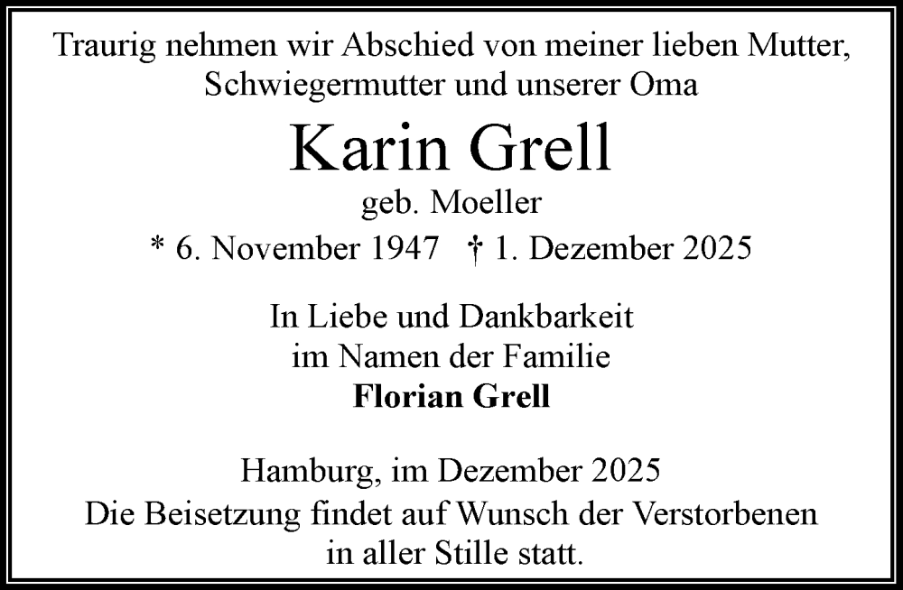  Traueranzeige für Karin Grell vom 13.12.2025 aus MARKT Ahrensburg/Bargteheide/Trittau und Stormarner Tageblatt