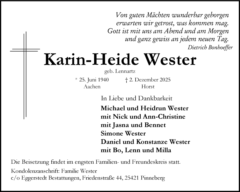 Traueranzeige für Karin-Heide Wester vom 13.12.2025 aus Region Pinneberg und tip Pinneberg