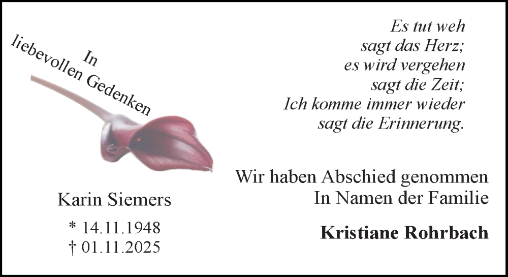 Traueranzeige für Karin Siemers vom 06.12.2025 aus MARKT Ratzeburg/Mölln