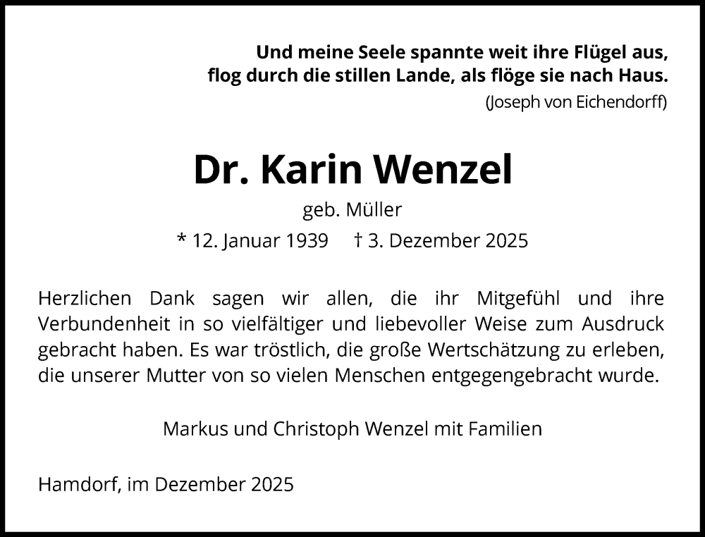  Traueranzeige für Karin Wenzel vom 20.12.2025 aus Schleswig-Holsteinische Landeszeitung