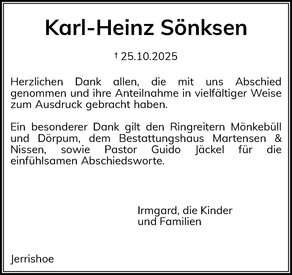  Traueranzeige für Karl-Heinz Sönksen vom 06.12.2025 aus Flensburger Tageblatt