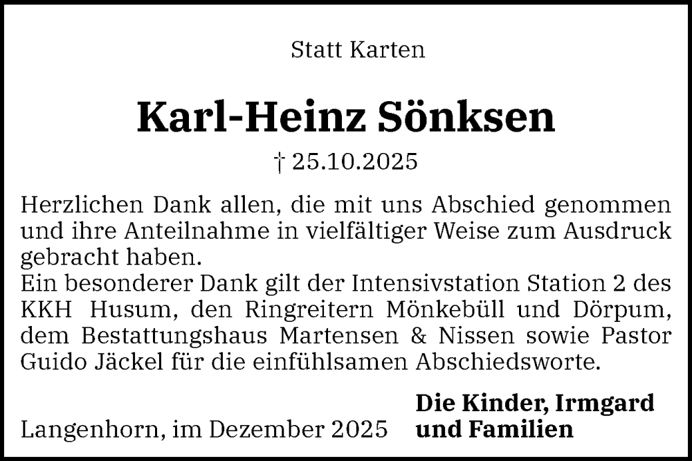  Traueranzeige für Karl-Heinz Sönksen vom 02.12.2025 aus Husumer Nachrichten, Nordfriesland Tageblatt