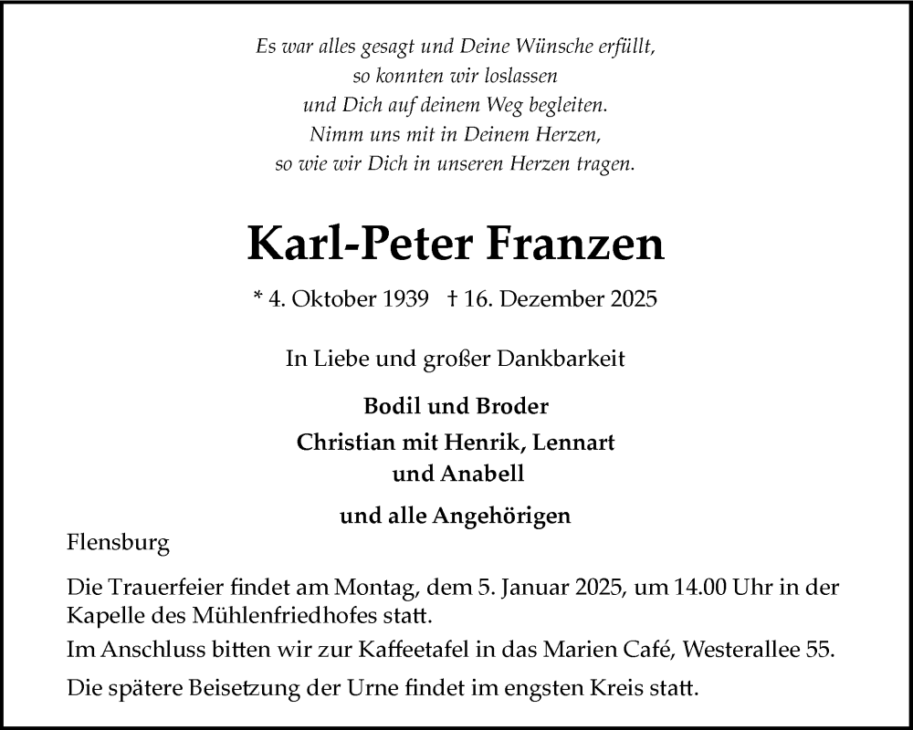  Traueranzeige für Karl-Peter Franzen vom 27.12.2025 aus Flensburger Tageblatt