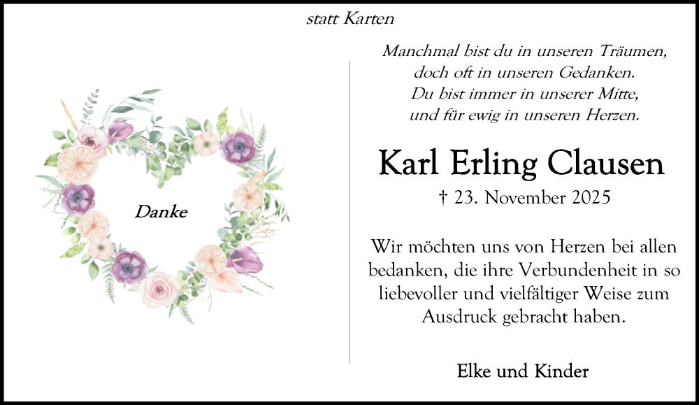  Traueranzeige für Karl Erling Clausen vom 20.12.2025 aus MARKT Ahrensburg/Bargteheide/Trittau und Stormarner Tageblatt