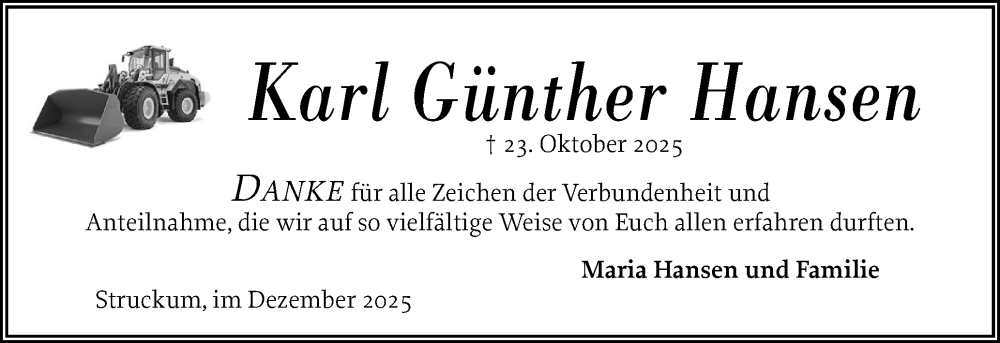  Traueranzeige für Karl Günther Hansen vom 10.12.2025 aus Husumer Nachrichten, Nordfriesland Tageblatt