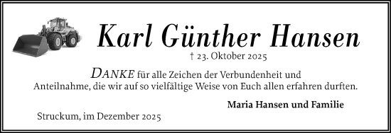Traueranzeige von Karl Günther Hansen von Husumer Nachrichten, Nordfriesland Tageblatt