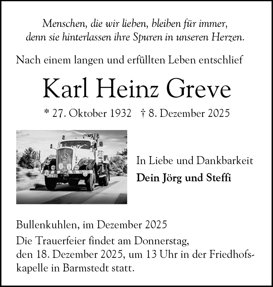  Traueranzeige für Karl Heinz Greve vom 13.12.2025 aus Elmshorner Nachrichten, Barmstedter Zeitung