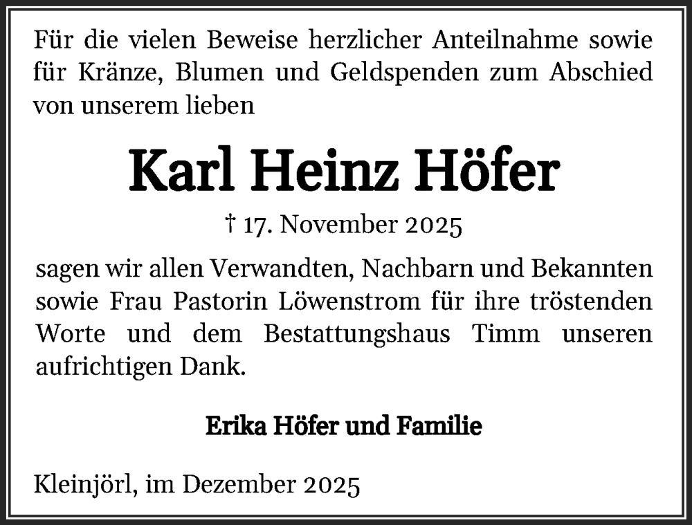  Traueranzeige für Karl Heinz Höfer vom 13.12.2025 aus Region Flensburg