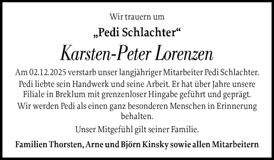 Traueranzeige von Karsten-Peter Lorenzen von Husumer Nachrichten, Nordfriesland Tageblatt