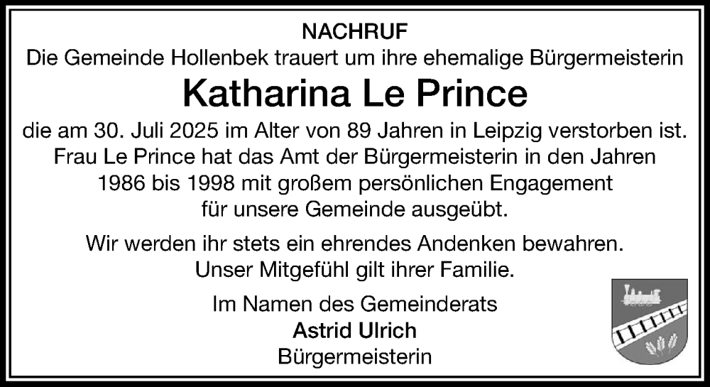  Traueranzeige für Katharina Le Prince vom 06.12.2025 aus MARKT Ratzeburg/Mölln