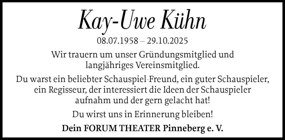  Traueranzeige für Kay-Uwe Kühn vom 20.12.2025 aus Region Pinneberg und tip Pinneberg