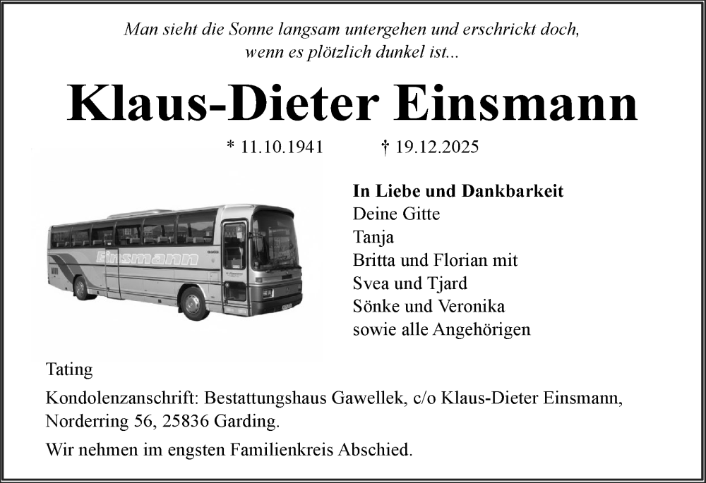  Traueranzeige für Klaus-Dieter Einsmann vom 27.12.2025 aus Husumer Nachrichten, Nordfriesland Tageblatt