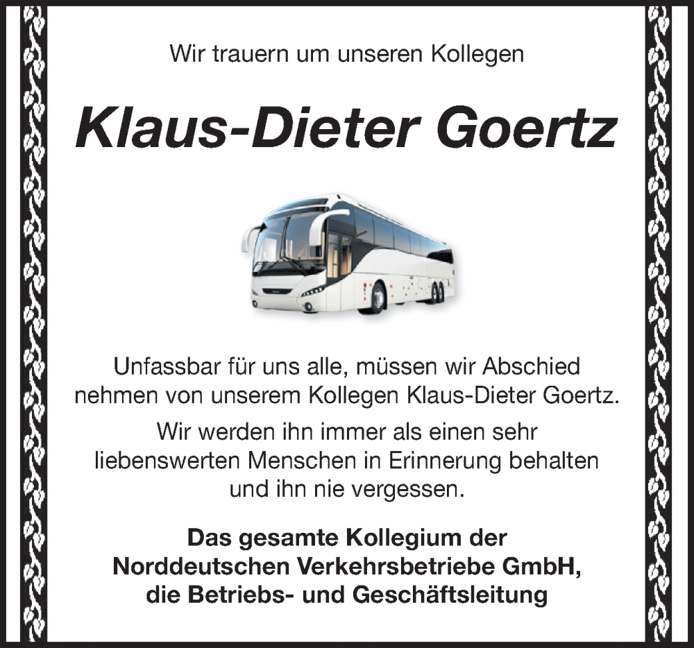  Traueranzeige für Klaus-Dieter Goertz vom 12.12.2025 aus Schleswig-Holsteinische Landeszeitung