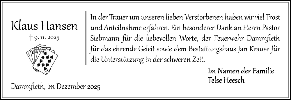  Traueranzeige für Klaus Hansen vom 06.12.2025 aus Norddeutsche Rundschau, Wilstersche Zeitung, Glückstädter Fortuna