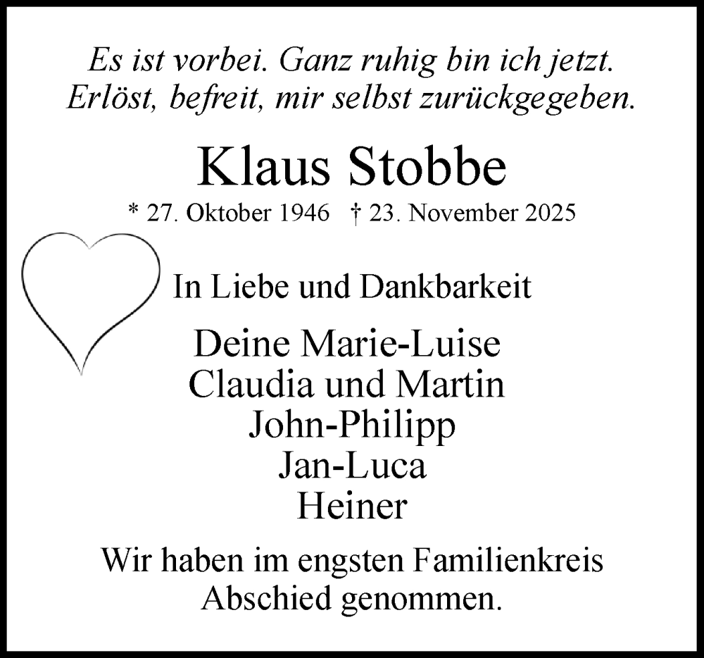  Traueranzeige für Klaus Stobbe vom 13.12.2025 aus Uetersener Nachrichten, Der tip am Wochenende