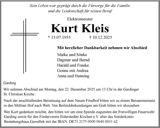 Traueranzeige von Kurt Kleis von Husumer Nachrichten, Nordfriesland Tageblatt