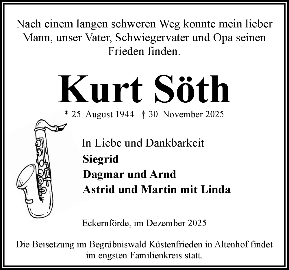  Traueranzeige für Kurt Söth vom 20.12.2025 aus Eckernförder Zeitung, Hallo Eckernförde
