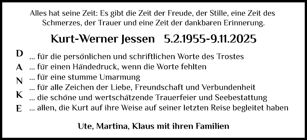  Traueranzeige für Kurt-Werner Jessen vom 27.12.2025 aus Husumer Nachrichten, Nordfriesland Tageblatt
