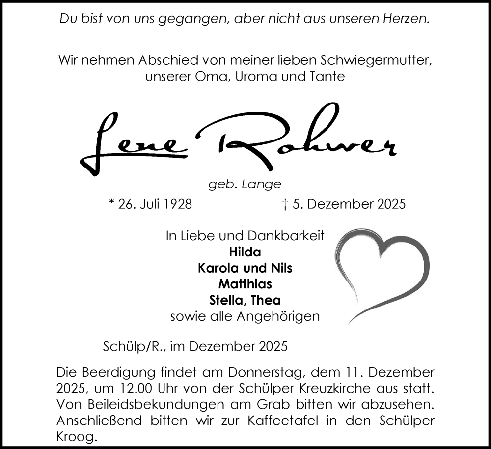  Traueranzeige für Lene Rohwer vom 09.12.2025 aus Schleswig-Holsteinische Landeszeitung