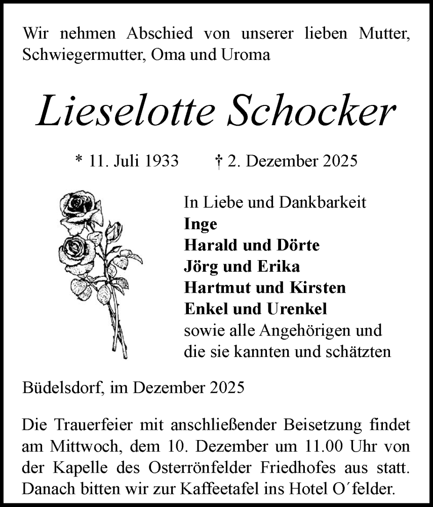  Traueranzeige für Lieselotte Schocker vom 06.12.2025 aus Schleswig-Holsteinische Landeszeitung