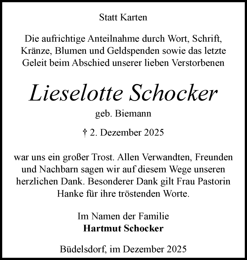  Traueranzeige für Lieselotte Schocker vom 20.12.2025 aus Schleswig-Holsteinische Landeszeitung