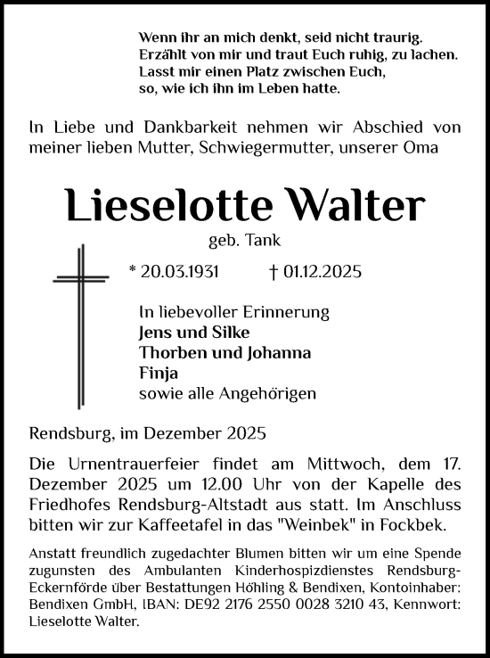 Traueranzeige von Lieselotte Walter von Schleswig-Holsteinische Landeszeitung