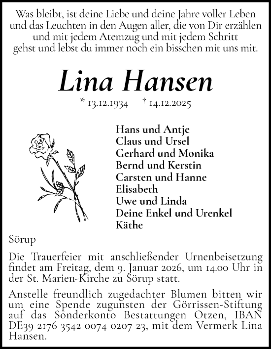Traueranzeige von Lina Hansen von Flensburger Tageblatt