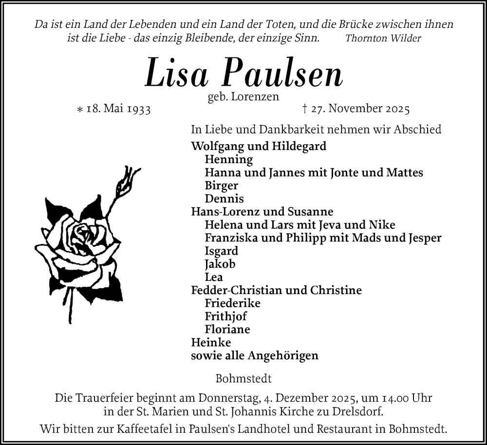  Traueranzeige für Lisa Paulsen vom 02.12.2025 aus Husumer Nachrichten, Nordfriesland Tageblatt