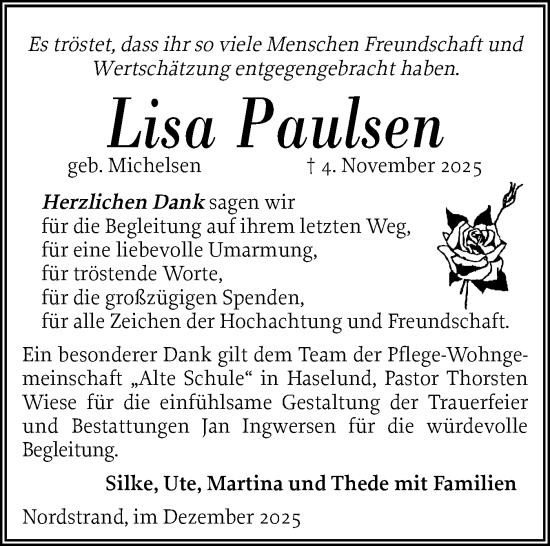 Traueranzeige von Lisa Paulsen von Husumer Nachrichten, Nordfriesland Tageblatt