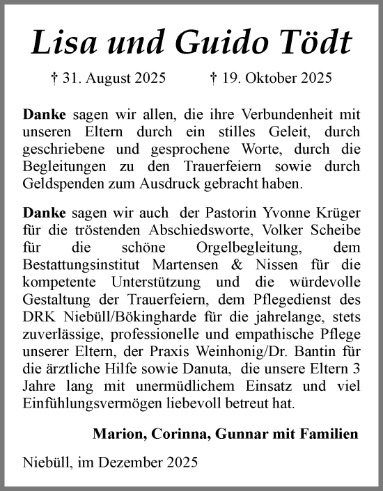 Traueranzeige von Lisa Tödt von Husumer Nachrichten, Nordfriesland Tageblatt