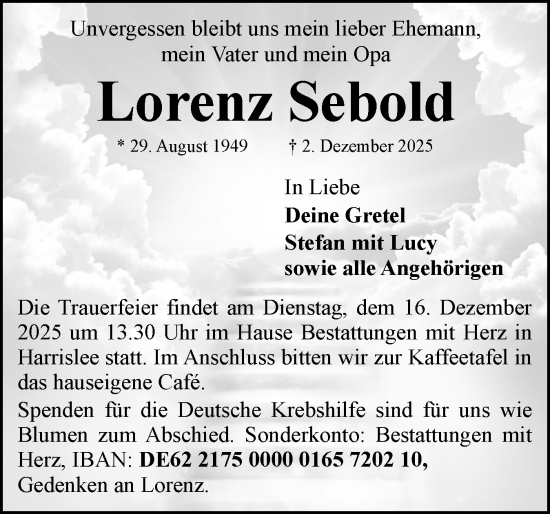 Traueranzeige von Lorenz Sebold von Flensburger Tageblatt