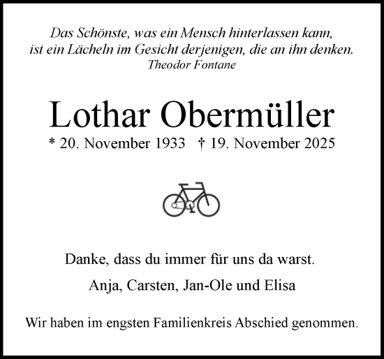 Traueranzeige von Lothar Obermüller von Region Pinneberg und tip Pinneberg
