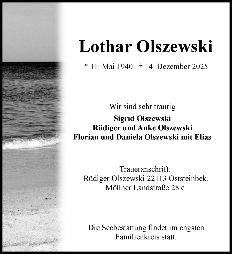  Traueranzeige für Lothar Olszewski vom 27.12.2025 aus MARKT Glinde/Reinfeld