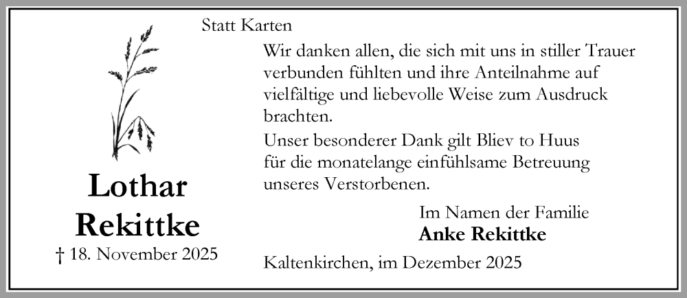  Traueranzeige für Lothar Rekittke vom 27.12.2025 aus Umschau
