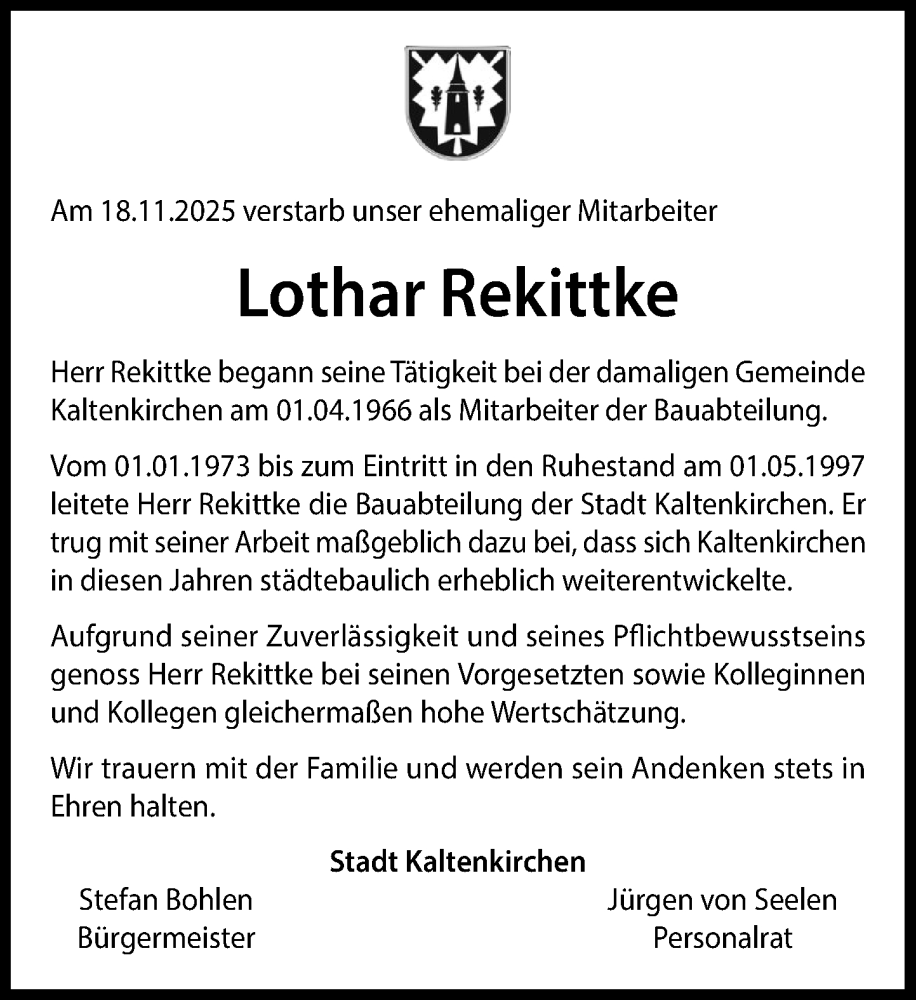  Traueranzeige für Lothar Rekittke vom 06.12.2025 aus Umschau